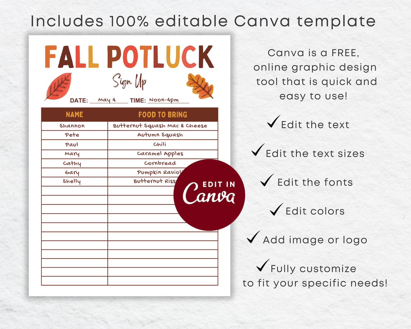 Fall Potluck Sign up Sheet Printable Autumn Harvest Potluck Party ...