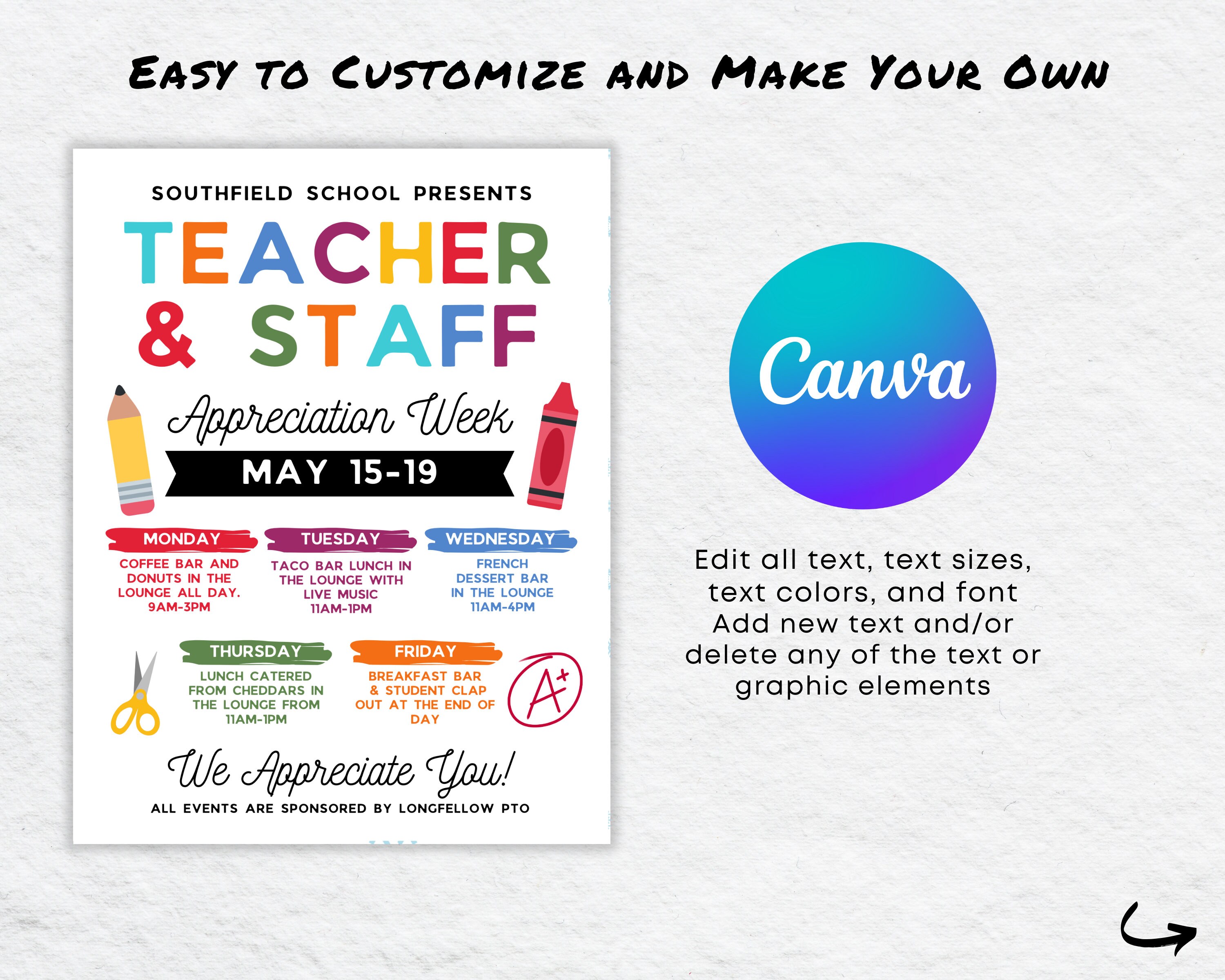 Editable Teacher & Staff Appreciation Week Flyer Itinerary Canva ...