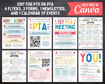 Editable PTA / PTO Bundle Includes Recruitment Flyers, Newsletter, Calendar of Events, & Membership Forms