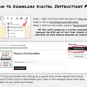 May include: A screenshot of a computer screen showing instructions on how to download digital files from Etsy. The instructions include signing into Etsy, going to Purchases and Reviews, and selecting "Download Files." The text also states that you can't download digital purchases through the Etsy app at this time and that you need to sign into Etsy on your mobile browser or computer.