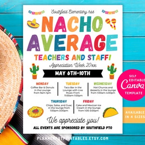 Bewerkbare Nacho Average Teacher & Staff Appreciation Day Fiesta-reisplan Flyer Canva-sjabloon afdrukbaar