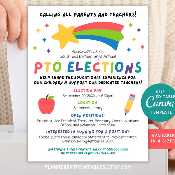 Editable PTA PTO Election Volunteer Board Member Flyer Printable Canva Template