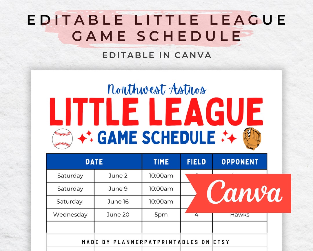 Editable Little League Schedule Template Printable, Canva Game Schedule