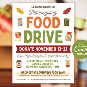 DIY Thanksgiving Food Drive Flyer, Fall Food Collection Invite, Canva