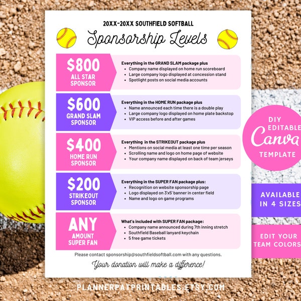 Softball Sponsorship Levels Form Editable Template, Canva Sponsor Tier