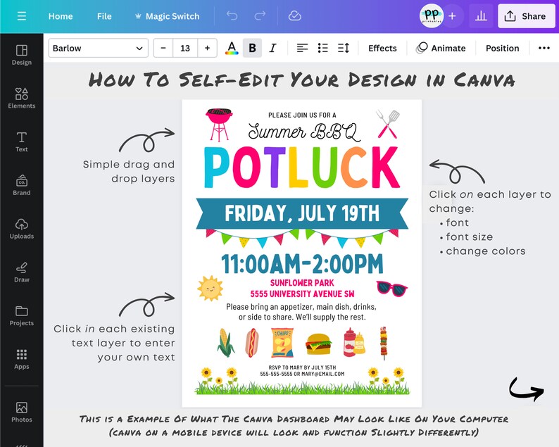 May include: A colorful poster design for a summer BBQ potluck. The poster features a red, yellow, blue, and green color scheme with a cartoon grill, food, and sunglasses. The text on the poster reads "Please join us for a Summer BBQ Potluck", "Friday, July 19th", "11:00AM-2:00PM", "Sunflower Park", "5555 University Avenue SW", and "RSVP to Mary by July 15th".