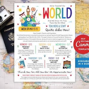 DIY Around the World Parent Newsletter Itinerary Flyer, Teacher & Staff Appreciation Student Take-Home Informational Sheet Canva Template