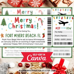 Editable Christmas Boarding Pass Template Printable, Customize Your Holiday Surprise Airplane Ticket Gift in Canva