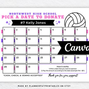 Editable Volleyball Calendar Pick a Date to Donate Fundraiser Canva Template Sponsor Printable