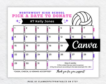 Bewerkbare volleybalkalender Kies een datum om te doneren Canva-sjabloon voor inzamelingsactie Afdrukbaar sponsor
