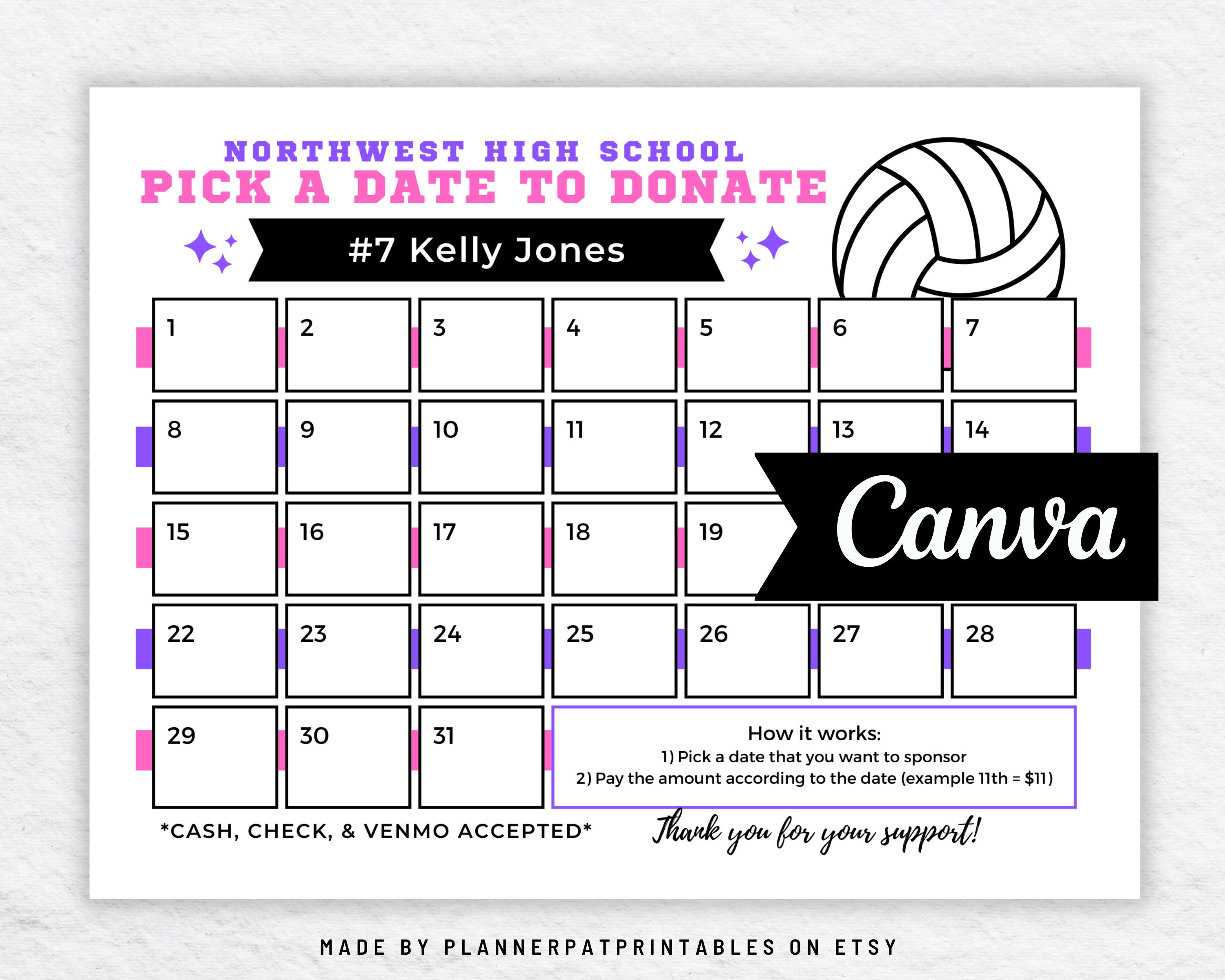 Pick A Date To Donate Volleyball Fundraiser Calendar Editable Etsy