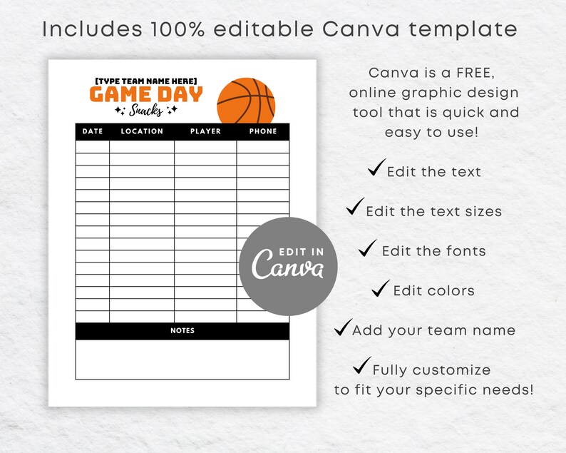 Basketball Snack Schedule Sign up Sheet: Editable Canva Template ...