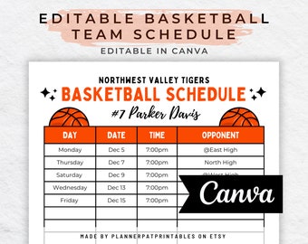 Editable Basketball Schedule Template, Practice Calendar, Canva