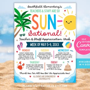 Editable Beach Theme Teacher & Staff Appreciation Sunsational Itinerary Flyer Canva Template Schedule Printable