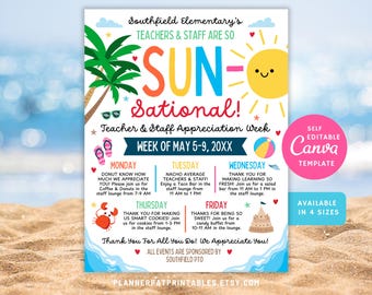 Editable Beach Theme Teacher & Staff Appreciation Sunsational Itinerary Flyer Canva Template Schedule Printable