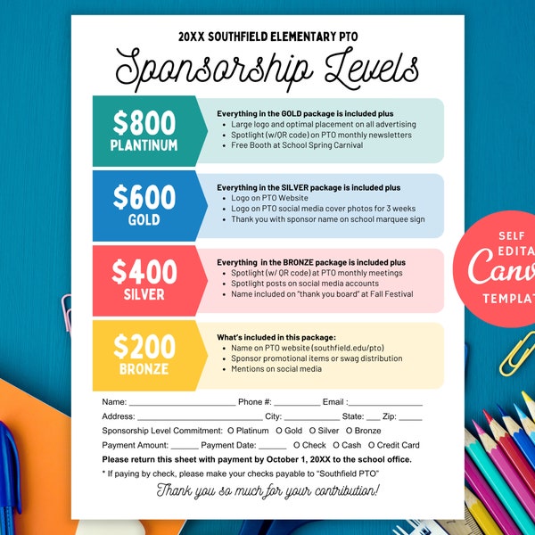 PTO PTA Sponsorship Levels Form Editable Template, DIY in Canva