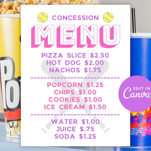 Editable Softball Concession Stand Menu Price Sheet Printable Canva Template