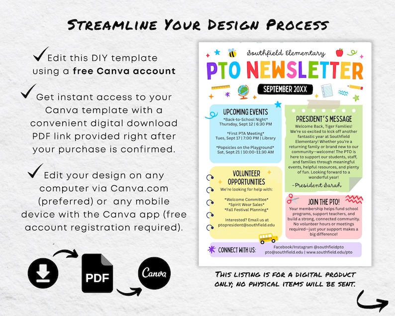 Editable PTO Newsletter Template: Canva PTA School Communication ...