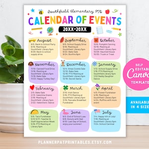 Editable PTO Calendar Flyer Canva Template, DIY School Event Schedule Printable & Yearly Planner for Monthly PTA Event Highlights