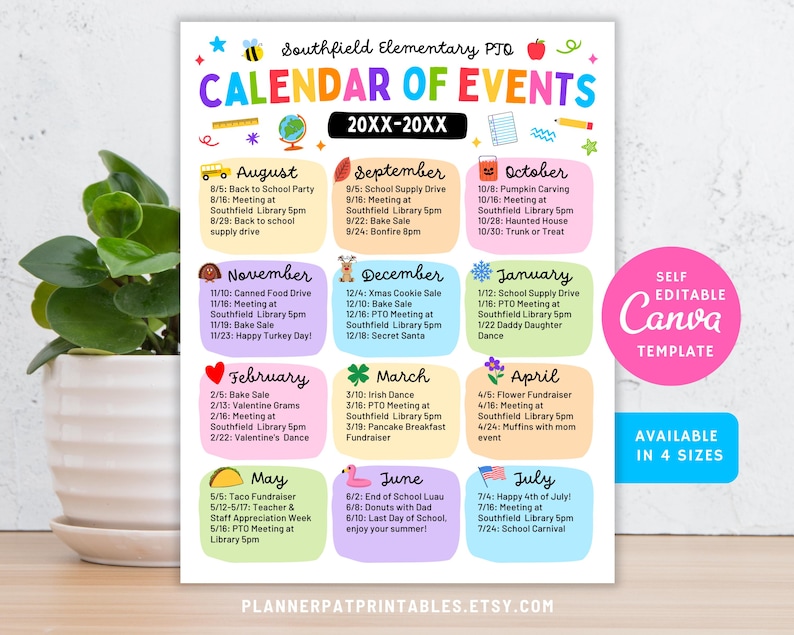 Colorful Editable PTO Calendar Flyer Template, Perfect School PTA Event Calendar that you can easily edit your school name, year, and monthly events details, available in US letter (8.5x11in), A4 (8.3x11.7in), 11x14in, and 16x20in template sizes