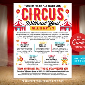 Editable Circus Theme Parent Newsletter Schedule Flyer, Teacher & Staff Appreciation Carnival Take-Home Informational Sheet Canva Template