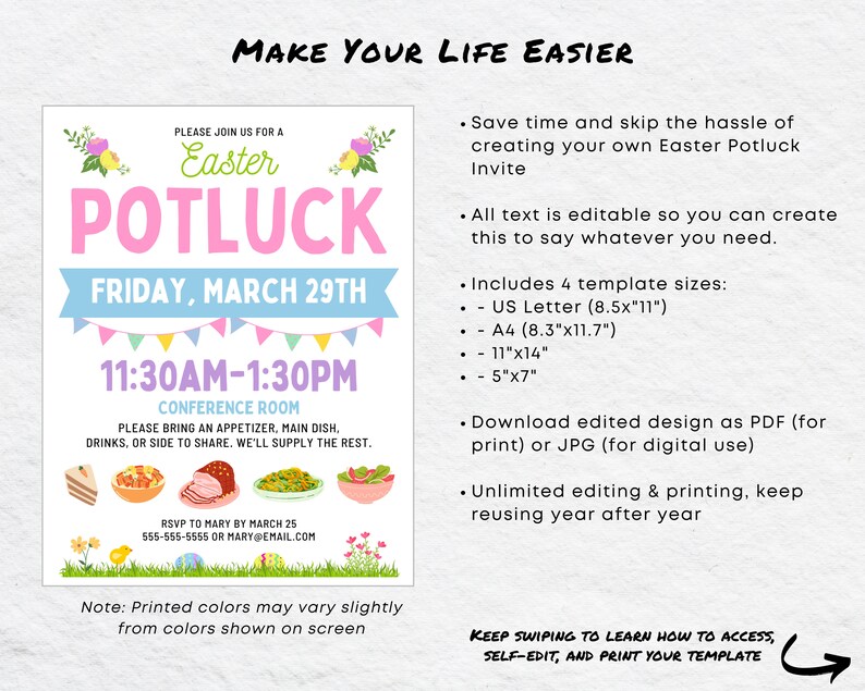 Editable Easter Potluck Invite, Spring Potluck Party Printable, Canva ...