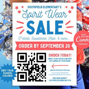 School Spirit Wear Flyer w/ QR Code Editable Canva Template, PTA PTO