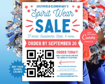 May include: A red and white poster with a QR code and the text "Southfield Elementary's Spirit Wear Sale" in a white and blue font. The poster also includes the text "T-shirts, Sweatshirts, Hats, & more... Order by September 20" and "Order Today! Simply scan the QR code with the camera of your phone".