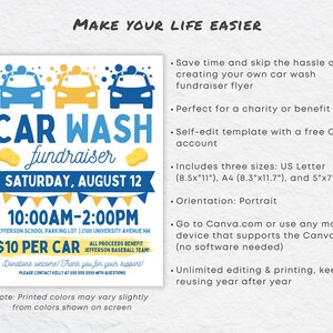 May include: A blue and yellow flyer for a car wash fundraiser. The flyer features three cartoon cars, a sponge, and the text "CAR WASH fundraiser" in blue and yellow. The date and time of the event are listed as "SATURDAY, AUGUST 12 10:00AM-2:00PM". The flyer also includes the location, price, and contact information.