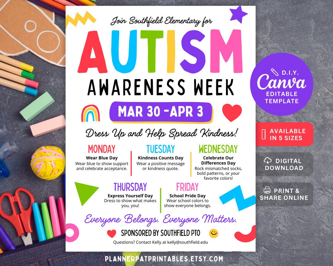 Autism Awareness Spirit Week Flyer Template: Editable School Event ...