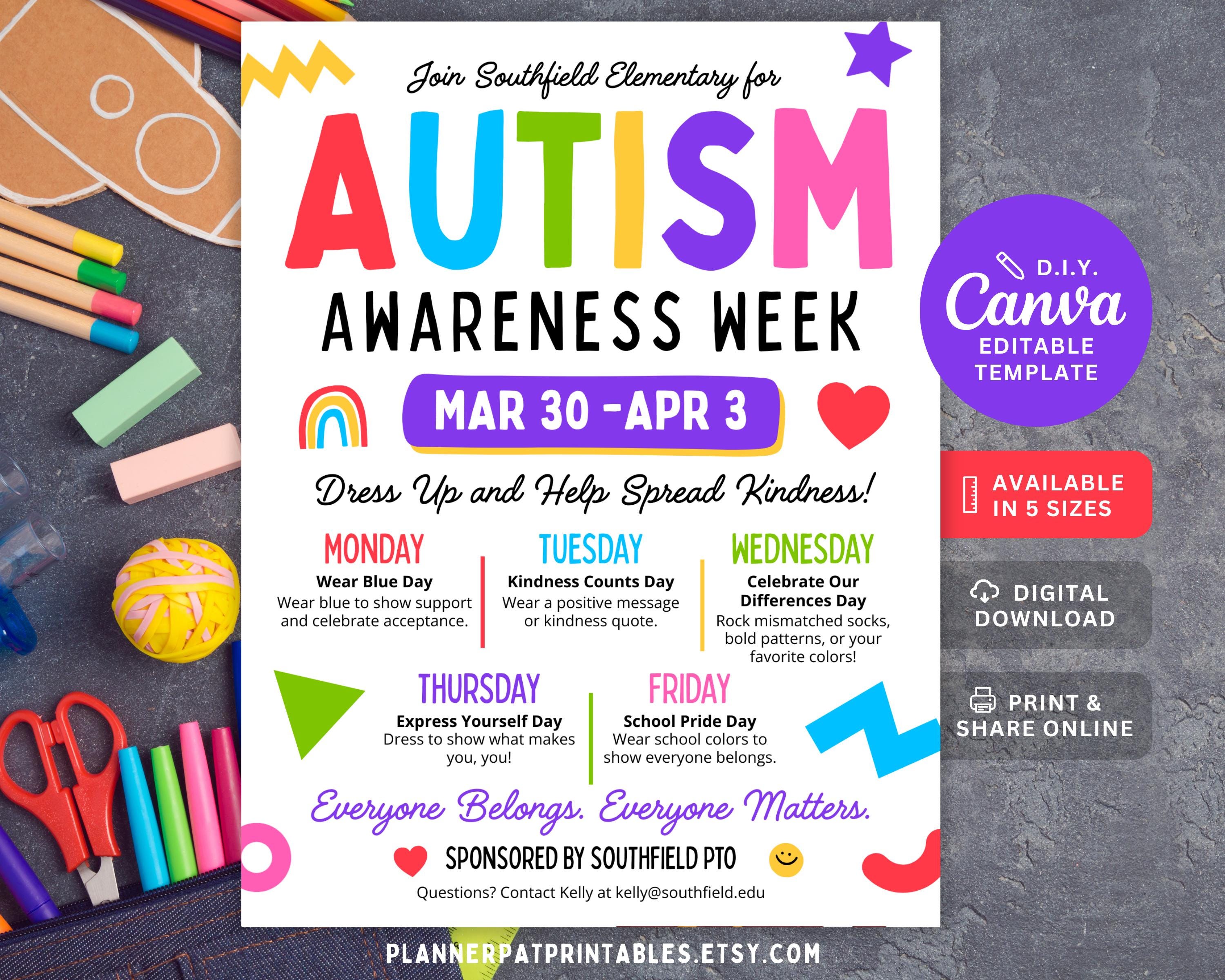 Autism Awareness Spirit Week Flyer Template: Editable School Event ...
