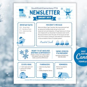 Plantilla editable para boletín informativo de enero, Canva Winter PTO PTA School News