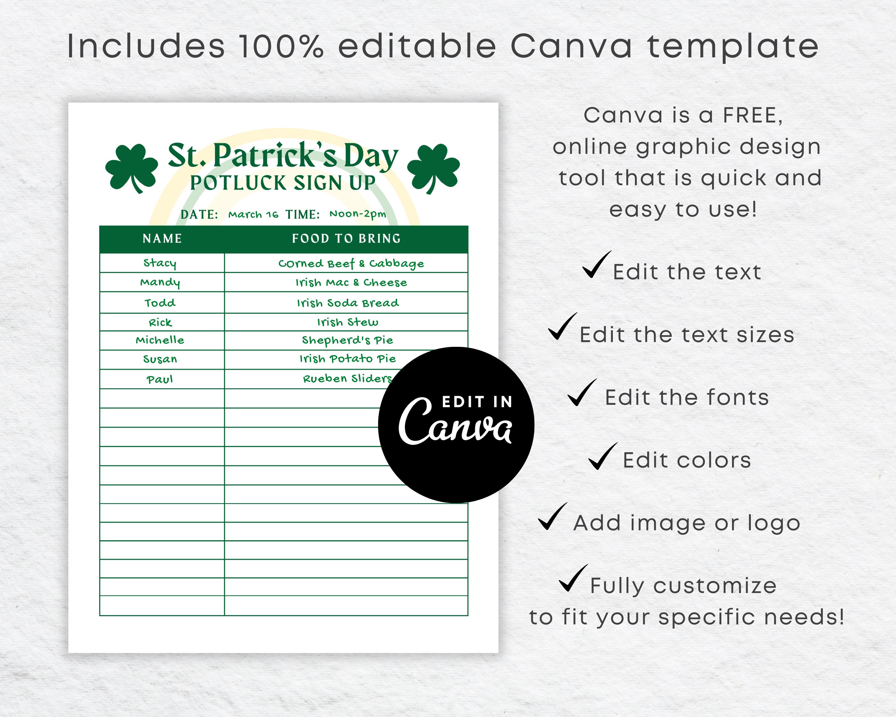 Editable Potluck Sign up Sheet Printable for St Patricks Day - Etsy ...