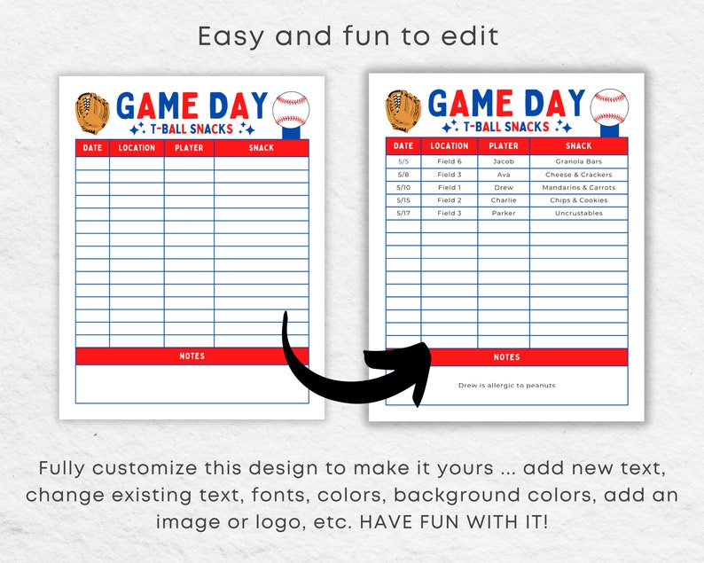 Editable Tball Snack Sign up Sheet Schedule Template Etsy