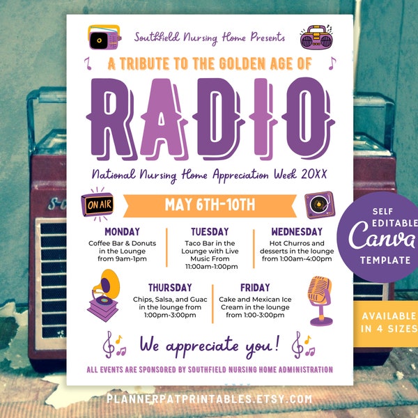 Music or Radio Theme Nursing Home Appreciation Week Itinerary Flyer Canva Template