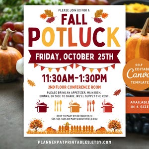 May include: Fall Potluck invitation with a white background, red, orange, and yellow text, and a fall theme. The invitation includes the date, time, and location of the event. It also includes a request for guests to bring an appetizer, main dish, drinks, or side to share. The invitation is available in four sizes.