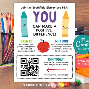 Editable Join the PTA Flyer Canva Template for Parent Teacher Recruitment