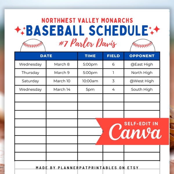 Editable Baseball Schedule Template, Baseball Practice Game Calendar, Canva