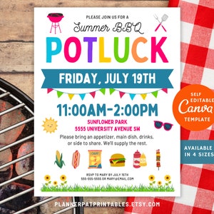 Sommer BBQ Potluck Flyer Bearbeitbare Vorlage, Community BBQ Kochen Einladen, Canva