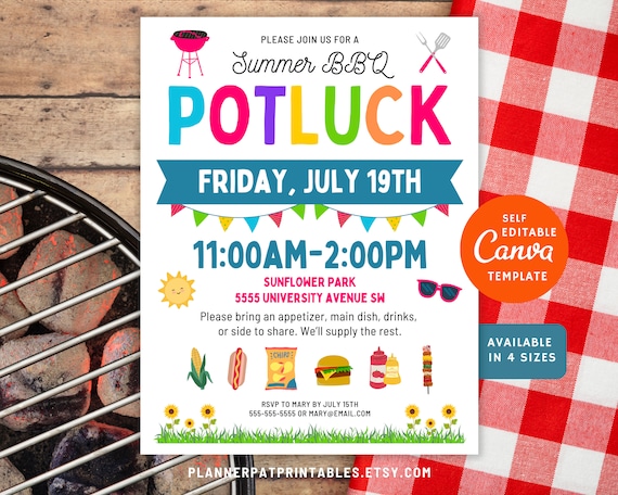 Summer BBQ Potluck Flyer Editable Template, Community BBQ Cookout Invite, Canva