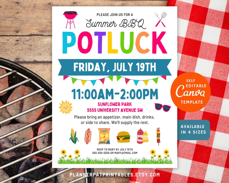 Summer BBQ Potluck Flyer, Easily edit bbq invitation details such as date, time, location, and rsvp, sizes include letter, a4, 5x7in, and 11x14in