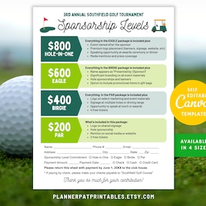 Editable Golf Sponsorship Levels Form Canva Template, Golf Tournament Sponsor Menu Flyer
