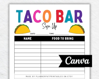 Taco Bar Sign Up Sheet Printable For Mexican Fiesta Potluck Party, Canva