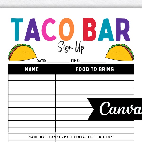 Taco Bar Sign Up Sheet Printable For Mexican Fiesta Potluck Party, Canva