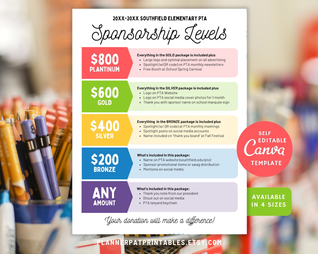 Editable PTA Sponsorship Levels Form Template Colorful Sponsor Tier Editable PTA Sponsorship Levels Form Template Colorful Sponsor Tier