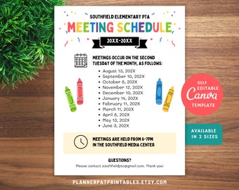 May include: A printable meeting schedule template for a Southfield Elementary PTA. The template features a calendar icon, crayons, and a clock icon. The text on the template reads "Meeting Schedule, 20XX-20XX", "Meetings occur on the second Tuesday of the month, as follows:", and "Meetings are held from 6-7pm in the Southfield Media Centre".