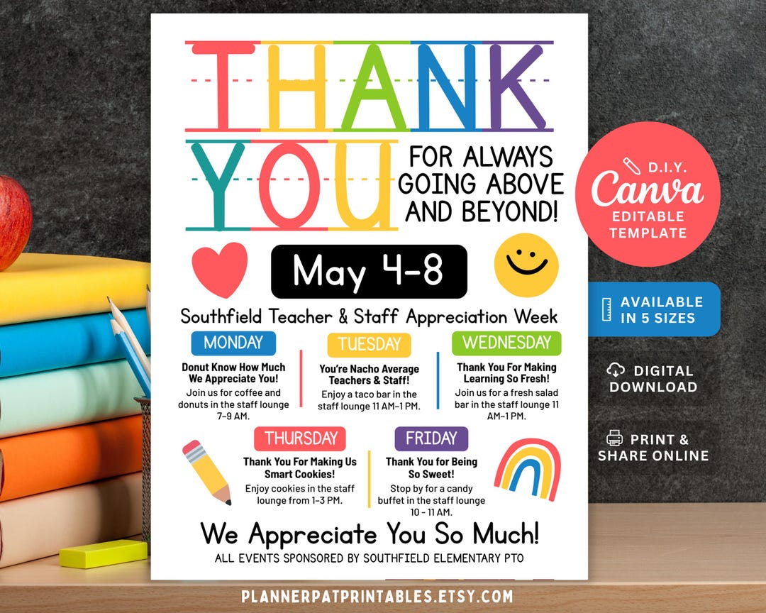 Thank You Theme Teacher Appreciation Week Itinerary Flyer, School Staff ...