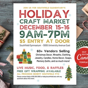 Editable Holiday Market Flyer, Christmas Craft Fair Canva Template
