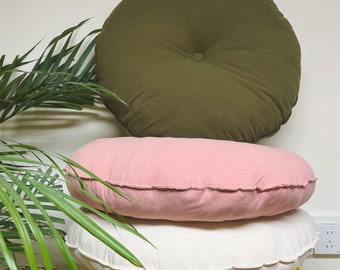 Coussins d'assise ronds,Oreiller rond en lin lavé avec bouton,Coussin de sol,Oreiller d'assise rond de style rustique,Cadeau pour maman,Cadeaux pour femme, Couple