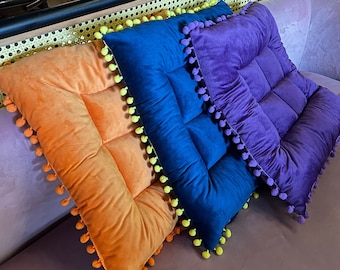Square Chair Pads With Pompom Ball - Multi-color Cushions With Ties - Dining Chairpad - Office Seat Pads